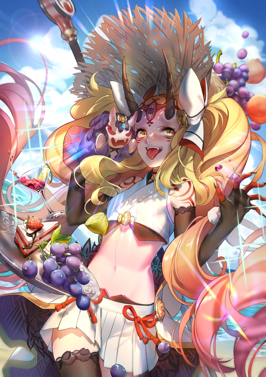 1girl absurdres bare_shoulders black_gloves black_legwear black_nails blonde_hair blue_sky blueberry cake cloud cowboy_shot crop_top cup day drinking_glass elbow_gloves facial_mark fangs fate/grand_order fate_(series) fingernails floating_hair food forehead_mark fruit gloves grapes hand_puppet hat highres horns ibaraki_douji_(fate/grand_order) ibaraki_douji_(swimsuit_lancer)_(fate) lin_nulixiulian long_fingernails long_hair looking_at_viewer miniskirt navel oni oni_horns open_mouth outdoors peach plate pleated_skirt puppet sharp_fingernails shuten_douji_(fate/grand_order) skirt sky smile solo stomach straw_hat strawberry summer thighhighs tongue tongue_out twintails very_long_hair white_skirt yellow_eyes