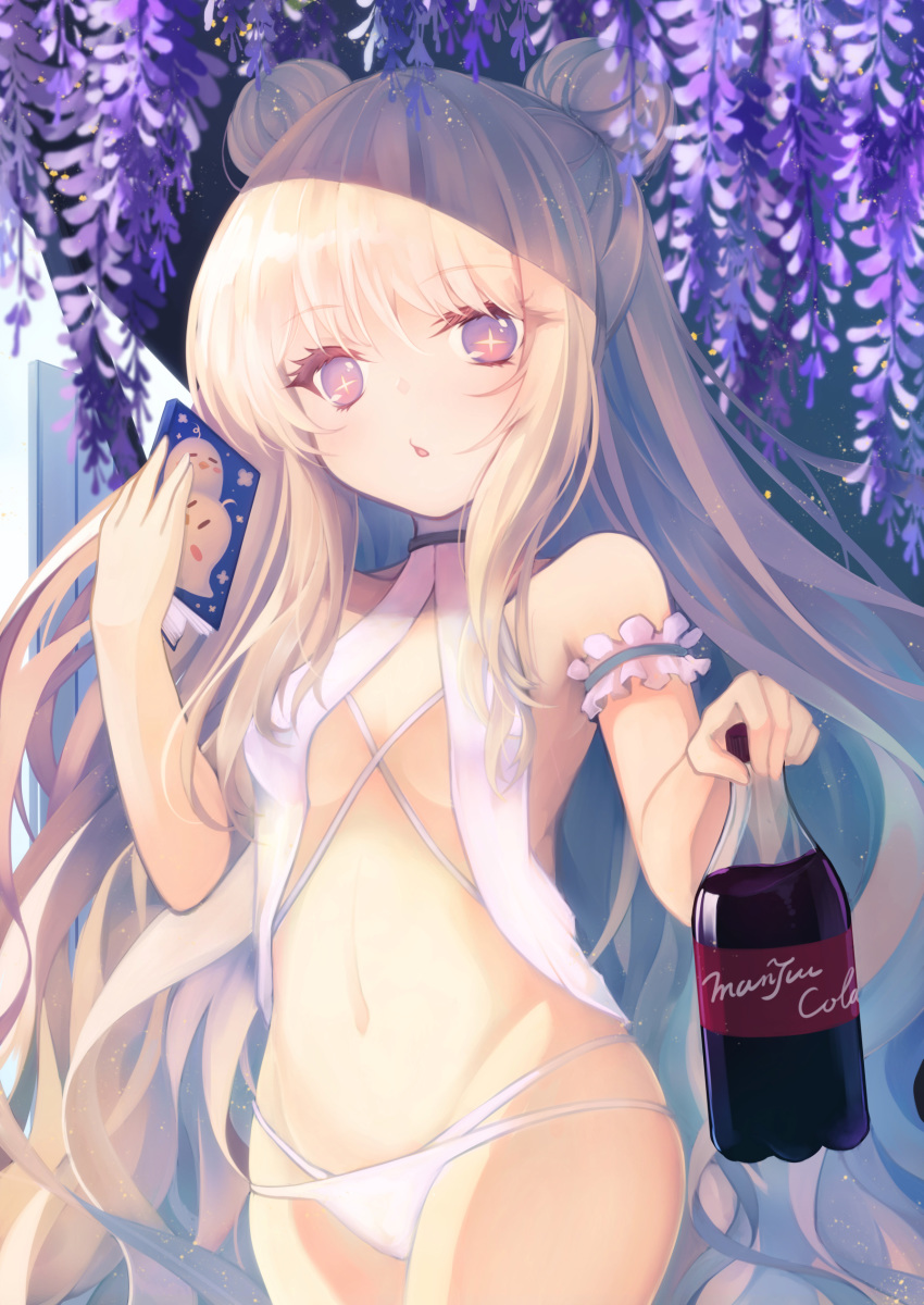 +_+ 1girl absurdres arm_garter azur_lane bangs bare_arms bare_shoulders blonde_hair bottle breasts cola commentary_request cowboy_shot double_bun eyebrows_visible_through_hair flower groin hand_up highres holding holding_bottle le_malin_(azur_lane) le_malin_(wednesday's_retreat)_(azur_lane) long_hair looking_at_viewer manjuu_(azur_lane) multi-strapped_panties navel otogi_kyouka panties parted_lips purple_eyes purple_flower small_breasts soda_bottle solo standing underwear very_long_hair white_panties wisteria