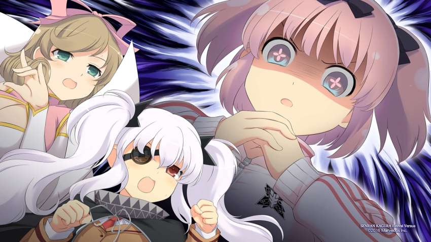 3girls arms_up black_ribbon blue_eyes blush bow breasts cleavage eyepatch fighting_stance green_eyes hair_ornament hair_ribbon haruka_(senran_kagura) hibari_(senran_kagura) highres huge_breasts jacket labcoat large_breasts long_hair multiple_girls necktie official_art open_mouth pink_bow pink_hair pink_pupils purple_background raised_fists red_eyes red_neckwear ribbon senran_kagura shirt short_hair short_twintails shuriken symbol-shaped_pupils track_jacket twintails white_hair white_shirt yaegashi_nan yagyuu_(senran_kagura)