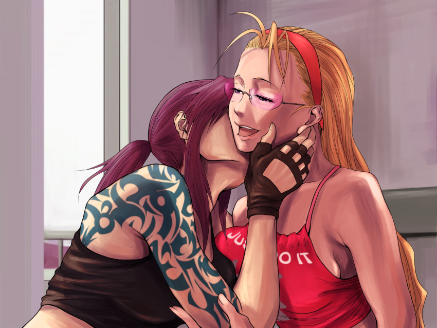 2girls antenna_hair arm_tattoo black_lagoon blonde_hair breasts brown_hair camisole casual crop_top eda_(black_lagoon) fingerless_gloves gloves hair_pulled_back hairband hand_on_another's_neck highres kiss lips medium_breasts mimiyama_kiichi multiple_girls neck_kiss nike nose parted_lips pink-tinted_eyewear ponytail print_shirt red_hairband revy_(black_lagoon) rimless_eyewear shirt shoulder_tattoo sideboob sidelocks sunglasses tank_top tattoo yuri