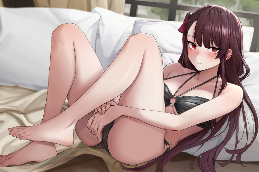 1girl bangs barefoot bikini black_bikini blush breasts closed_mouth feet girls_frontline hyury indoors long_hair looking_at_viewer lying o-ring o-ring_bikini on_back pillow purple_hair red_eyes solo swimsuit wa2000_(girls_frontline)