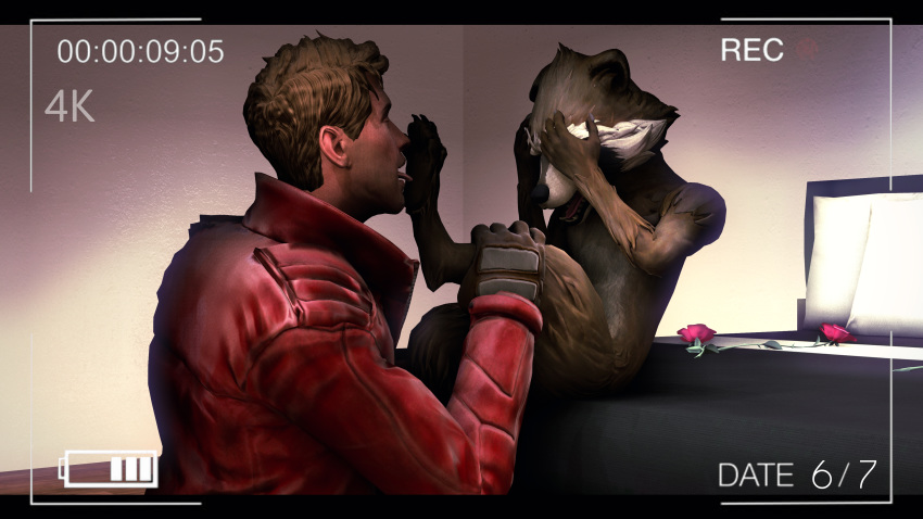 16:9 4k absurd_res anthro bed duo embarrassed flower foot_fetish foot_lick foot_play furniture guardians_of_the_galaxy hi_res human leg_grab licking male male/male mammal marvel on_bed open_mouth peter_quill plant procyonid raccoon raised_leg rocket_raccoon rose_(flower) tongue tongue_out twopapers widescreen