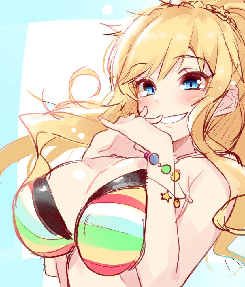 1girl absurdres bangs bare_shoulders bead_bracelet beads bikini bikini_top blonde_hair blue_eyes blush bracelet breasts cleavage commentary earrings eyebrows_visible_through_hair eyelashes flower flower_earrings grin hair_flower hair_ornament hands_clasped highres idolmaster idolmaster_cinderella_girls interlocked_fingers jewelry large_breasts lens_flare long_hair looking_at_viewer o-ring ootsuki_yui own_hands_together ponytail scrunchie sidelocks sketch smile solo sparkle striped striped_bikini swimsuit wavy_hair yamaguchi_(shinigami-no-barad)