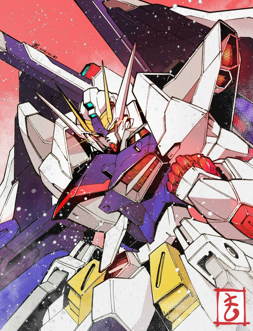 amazing_strike_freedom_gundam clenched_hand close-up dated gundam gundam_build_fighters gundam_build_fighters_amazing gundam_build_fighters_amazing_ready highres looking_down matutoya mechanical_wings red_background shoulder_cannon v-fin wings yellow_eyes