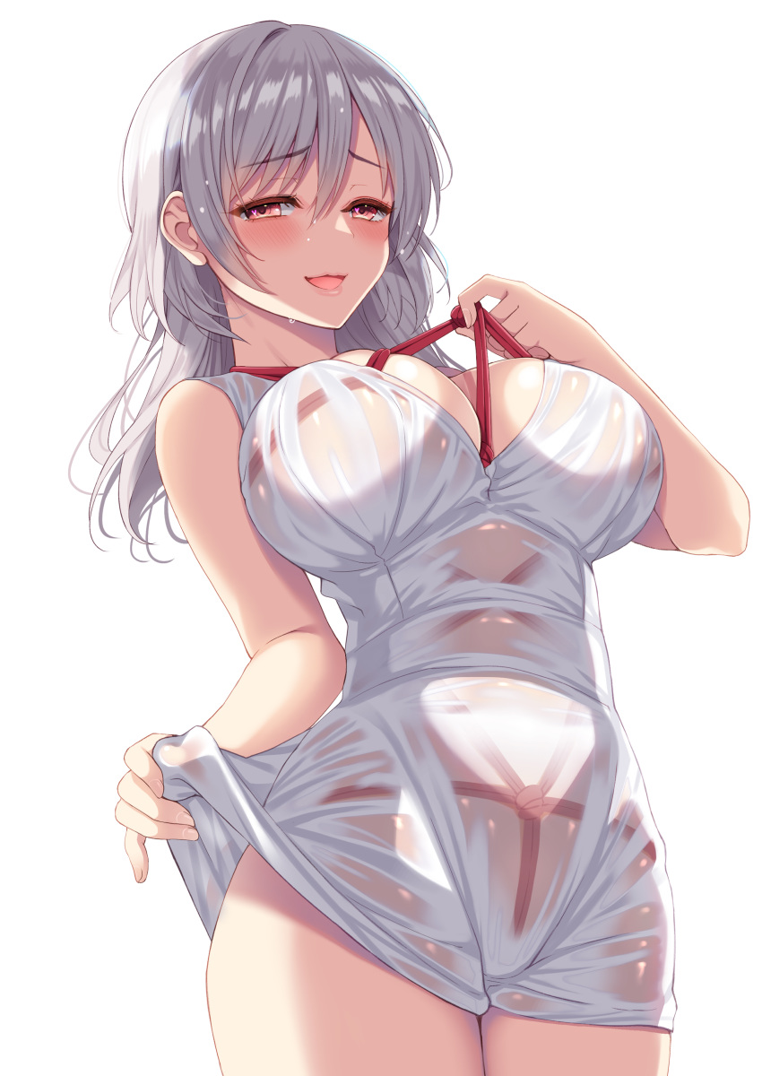 1girl absurdres bangs bdsm blush bondage bound breasts brown_eyes dress dress_lift highres ikura_nagisa large_breasts long_hair looking_at_viewer open_mouth original pulling rope see-through_silhouette shibari shibari_under_clothes silver_hair simple_background skin_tight smile solo wet wet_clothes wet_dress white_background white_dress