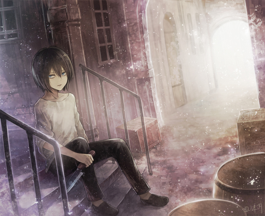 1boy angel31424 barrel black_hair black_pants blue_eyes child collarbone highres knife levi_(shingeki_no_kyojin) looking_at_viewer male_focus medium_hair pants shingeki_no_kyojin shirt sitting solo stairs weapon younger