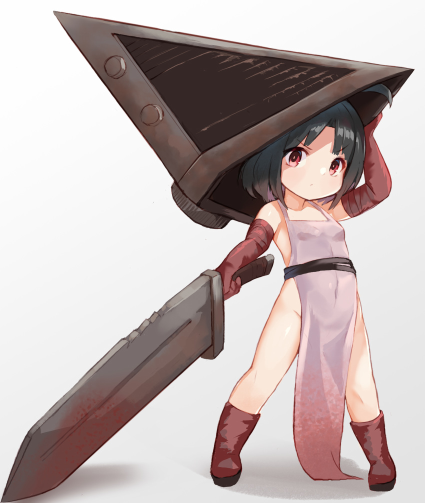 1girl absurdres ahoge apron bangs bare_legs bare_shoulders black_hair blood boots breasts brown_footwear child collarbone commentary_request elbow_gloves gloves gradient gradient_background grey_background helmet highres holding holding_sword holding_weapon looking_at_viewer medium_hair naked_apron parted_bangs piliheros2000 pyramid_head red_eyes silent_hill silent_hill_2 simple_background small_breasts solo sword v-shaped_eyebrows weapon white_apron white_background