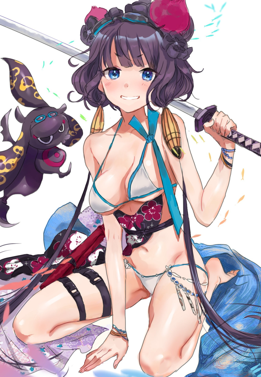 1girl akebono_kt bangs bare_shoulders beads bikini blue_eyes blush bracelet breasts cleavage collarbone fate/grand_order fate_(series) floral_print goggles goggles_on_head grin hair_ornament highres jewelry katana katsushika_hokusai_(fate/grand_order) katsushika_hokusai_(swimsuit_saber)_(fate) long_hair looking_at_viewer medium_breasts navel obi octopus purple_hair sash seiza sidelocks simple_background sitting smile swimsuit sword thigh_strap thighs tokitarou_(fate/grand_order) weapon white_bikini