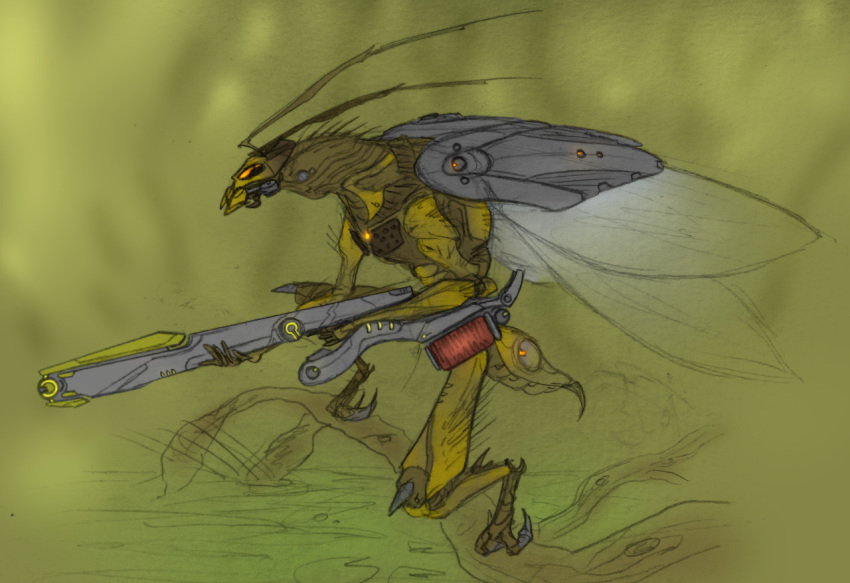 2015 5_fingers ambiguous_gender animal_humanoid antennae_(anatomy) armor arthropod arthropod_abdomen arthropod_humanoid bionicle biped bitil digital_drawing_(artwork) digital_media_(artwork) fingers gun holding_gun holding_object holding_weapon humanoid hymenopteran insect insect_humanoid insect_wings just-rube lego lepidopteran log machine makuta mandibles not_furry orange_eyes outside ranged_weapon rifle robot rube simple_background sniper_rifle solo standing stinger stinger_(anatomy) traditional_media_(artwork) weapon wings wood