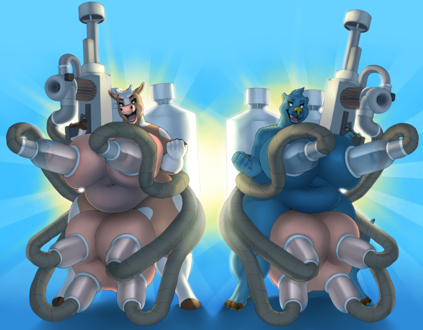 anthro bbd big_breasts blue_background blue_body blue_fur bovid bovine breasts cain_lache cattle duo eye_contact female fingers fist_pump fur halo holding_object holding_weapon hooved_fingers hooves huge_breasts huge_udders looking_at_another lutrine machine mammal milk_tank milking_machine mustelid nude oversized_weapon pawpads ranged_weapon simple_background slightly_chubby smile teats tube udder_milking udders weapon weaponized_breasts yellow_nose yellow_pawpads