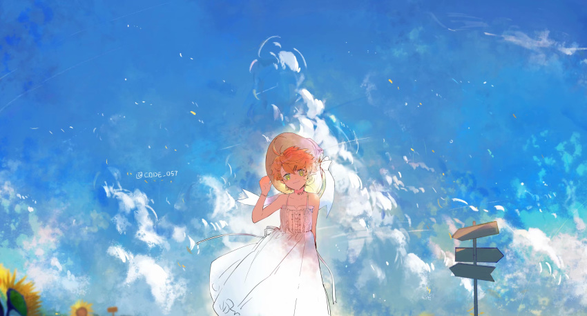 1girl adjusting_clothes adjusting_hat ahoge arm_up artist_name bangs blue_sky bow brown_headwear closed_mouth cloud cloudy_sky collarbone day dress emma_(yakusoku_no_neverland) eyebrows_visible_through_hair facing_viewer flower green_eyes hair_between_eyes hair_ornament hairclip hat hat_bow highres light looking_at_viewer lucky_small_pride neck_tattoo number_tattoo orange_hair outdoors pointer short_hair signpost sky sleeveless sleeveless_dress smile solo standing summer sundress sunflower tattoo twitter_username white_bow white_dress wind yakusoku_no_neverland yellow_flower