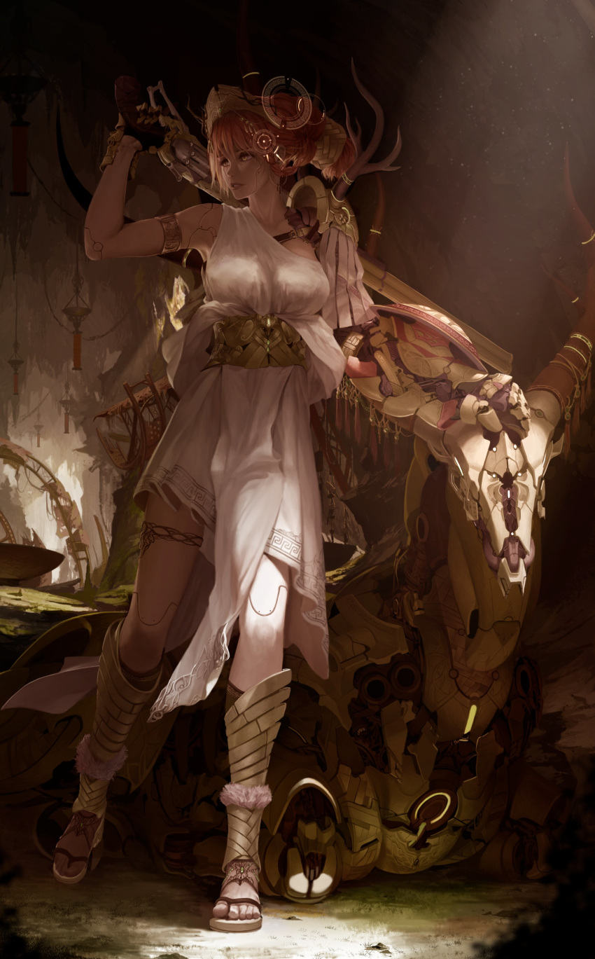 1girl absurdres artemis bare_arms blonde_hair cave crown dishwasher1910 dress gloves greek_mythology gun handgun highres looking_to_the_side original revolver sandals solo tagme tied_hair toga weapon white_dress yellow_eyes