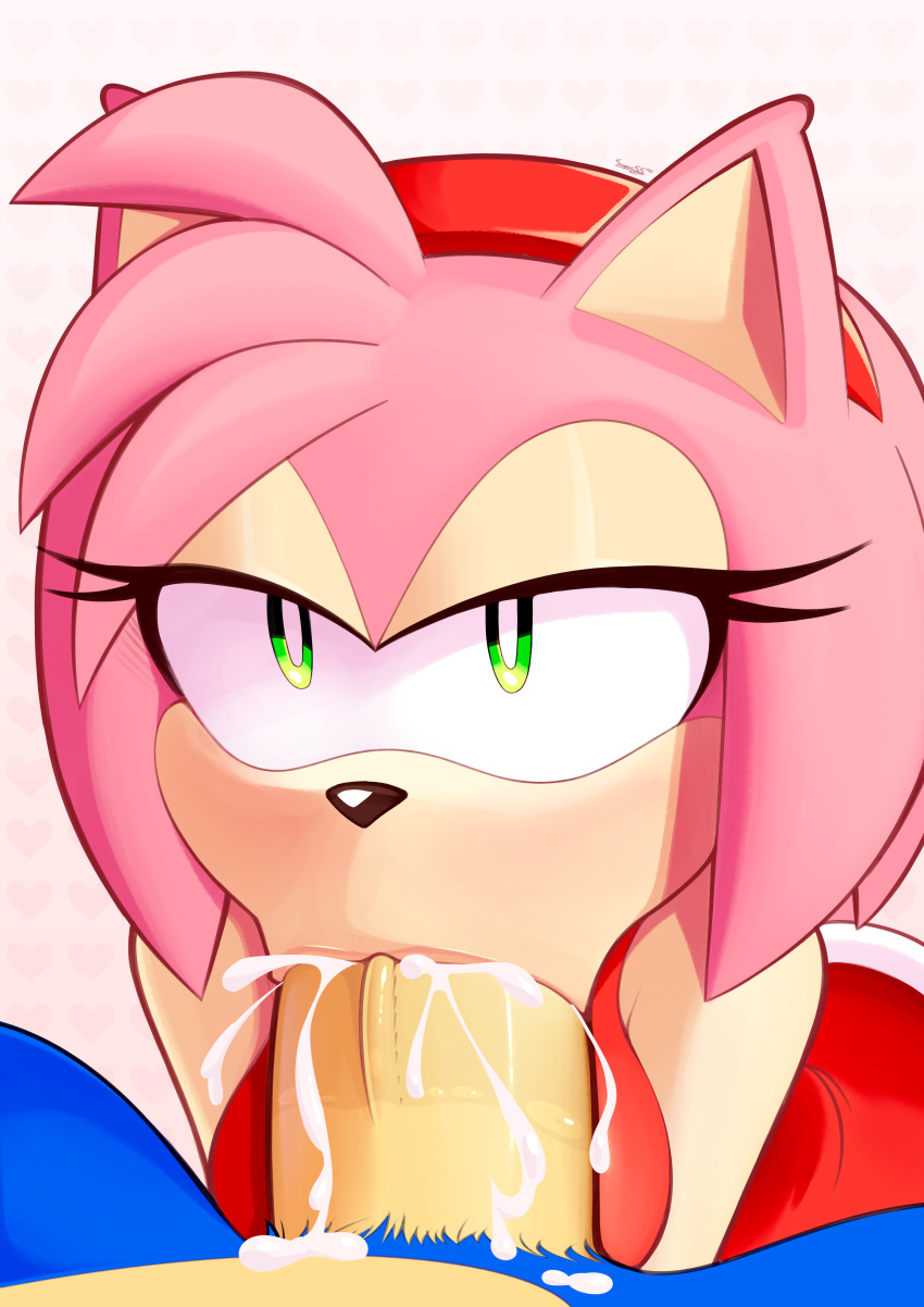 &lt;3 absurd_res accessory amy_rose anthro blush bodily_fluids breasts clothed clothing cum cum_in_mouth cum_inside cum_leaking dress duo eulipotyphlan eyelashes female first_person_view genital_fluids green_eyes hair_accessory hairband half-closed_eyes hedgehog hi_res looking_at_viewer male male/female male_pov mammal narrowed_eyes pattern_background pink_body saliva signature simple_background solo_focus sonic_the_hedgehog sonic_the_hedgehog_(series) spread_legs spreading supersegasonicss