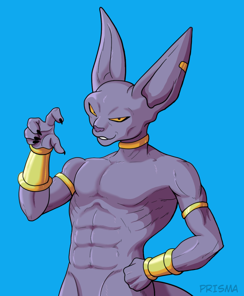 2020 anthro beerus digital_media_(artwork) domestic_cat dragon_ball dragon_ball_super dragon_ball_z ear_piercing felid feline felis hairless hairless_cat hi_res looking_at_viewer male mammal nude piercing prismanoodle_(artist) simple_background smile solo sphynx_(cat)