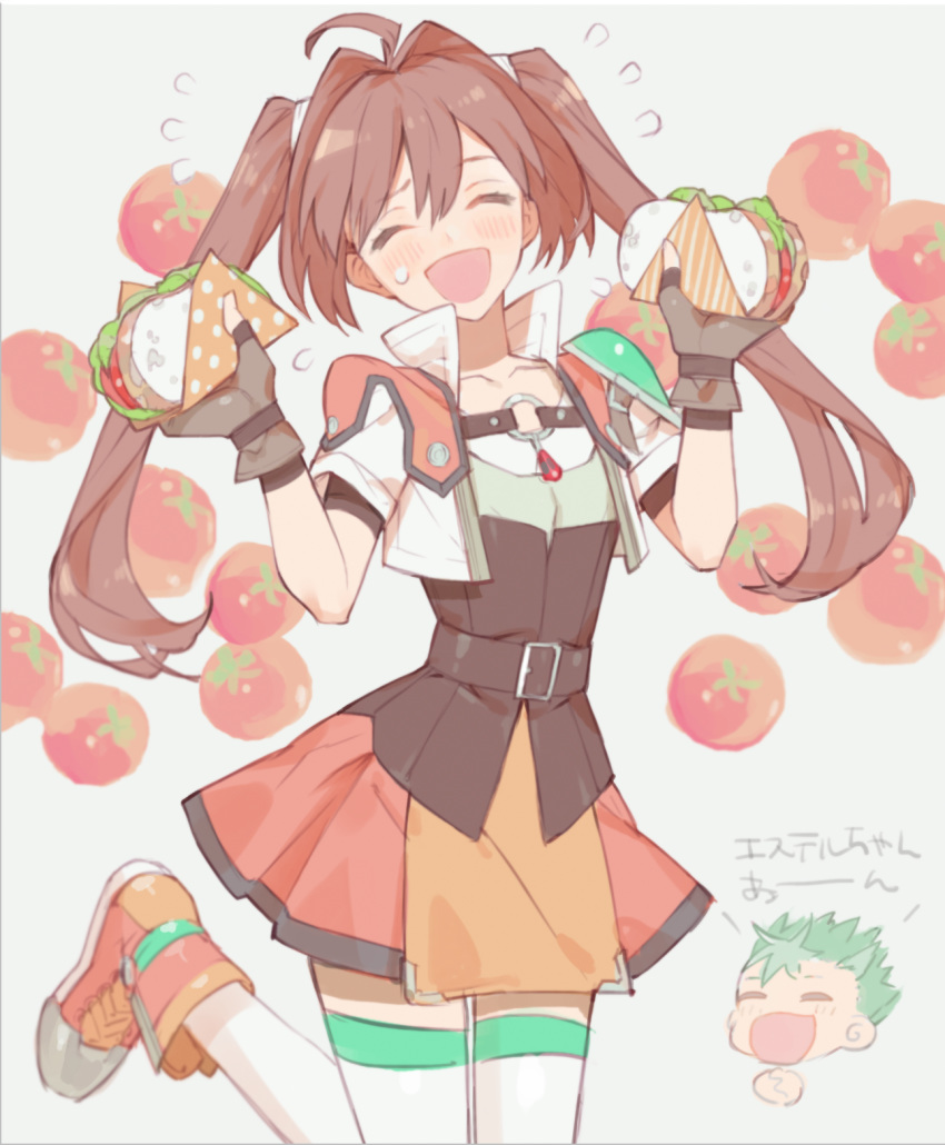 1boy 1girl ahoge belt blush breasts brown_hair chibi chibi_inset closed_eyes cropped_jacket eiyuu_densetsu embarrassed estelle_bright fingerless_gloves food gloves green_hair highres holding holding_food jacket kevin_graham long_hair nishihara_isao open_mouth sandwich short_hair skirt small_breasts smile sora_no_kiseki spiked_hair sweatdrop thighhighs twintails