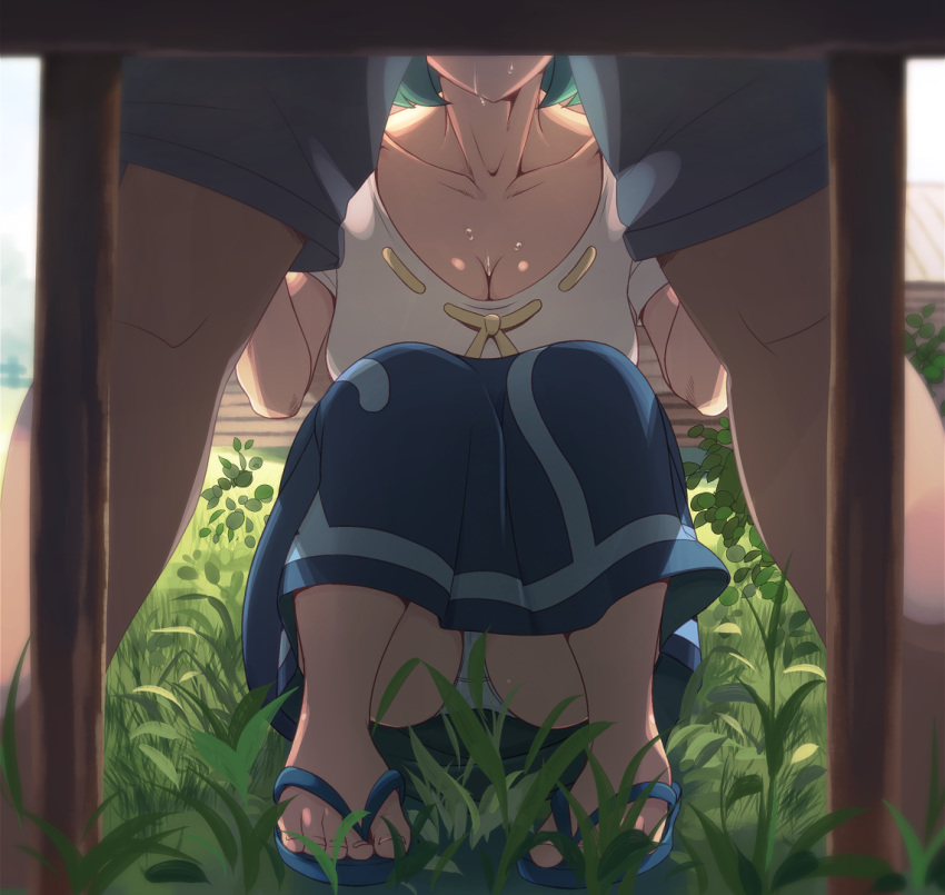 1boy 1girl blue_hair breasts cleavage collarbone e_keroron grass head_out_of_frame implied_fellatio panties pantyshot pokemon pokemon_(anime) pokemon_sm_(anime) saliva sandals shade shorts suiren's_mother_(pokemon) toes underwear