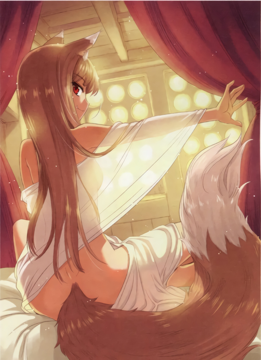 1girl absurdres animal_ears ass back bed bed_sheet breasts brown_hair crossed_legs fang highres holo koume_keito long_hair medium_breasts nude reaching_out red_eyes resized see-through see-through_silhouette sitting spice_and_wolf tail third-party_edit upscaled wolf_ears wolf_girl wolf_tail