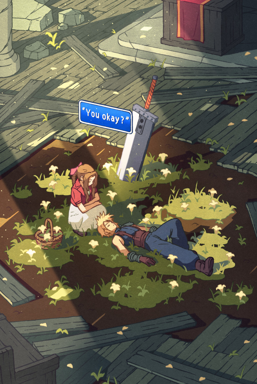 1boy 1girl aerith_gainsborough bow braid braided_ponytail brown_hair buster_sword cloud_strife cropped_jacket final_fantasy final_fantasy_vii flower flower_basket gloves grass hair_bow highres jacket kevin_hong lily_(flower) red_jacket sleeveless sleeveless_turtleneck spiked_hair squatting sunlight suspenders turtleneck unconscious