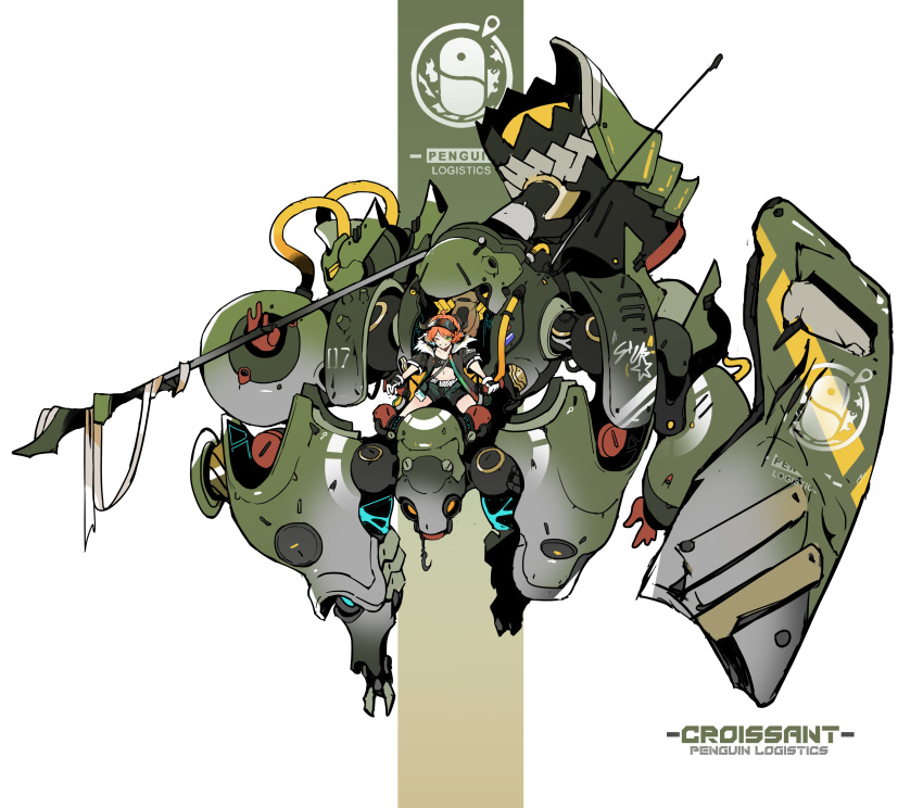 1girl absurdres antennae arknights bandeau belly black_clothes black_headwear black_jacket black_shorts character_name chinese_commentary commentary_request croissant_(arknights) gloves green_theme hammer highres holding holding_shield holding_weapon hook horns id_card jacket mecha name_tag navel open_clothes open_jacket orange_hair shield shinnasuka025 short_hair shorts sitting visor_cap weapon white_background white_gloves