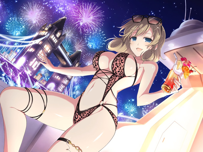 1girl :d aerial_fireworks animal_print arch blonde_hair blue_eyes blush boat breasts bridge city city_lights cleavage cruise_ship drinking_straw eyewear_on_head fireworks flower food fruit glass glasses haruka_(senran_kagura) highres large_breasts leopard_print leotard looking_at_viewer navel night night_sky official_art open_mouth orange orange_slice senran_kagura senran_kagura_new_link ship short_hair sky smile solo sparkle splashing star_(sky) starry_sky underboob water watercraft window yaegashi_nan