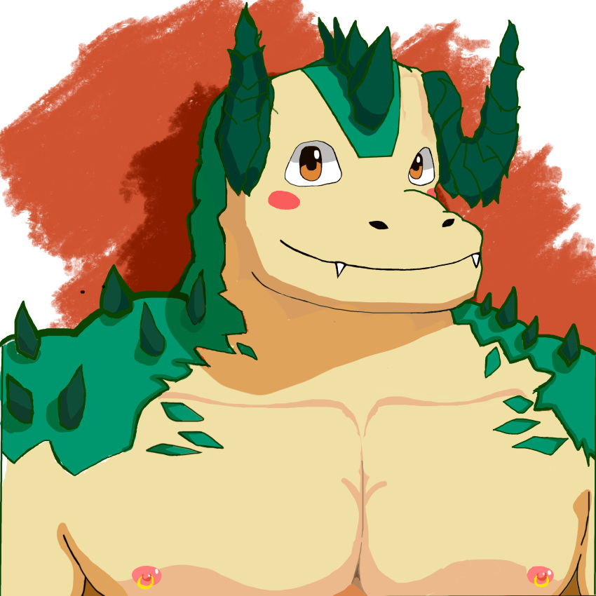 1:1 abs abstract_background absurd_res anthro blush cute_eyes cute_face dragon fangs green_body green_scales hecatesatyr_(artist) hi_res horn male muscular muscular_male nipple_piercing nipples piercing scales simple_background solo spikes