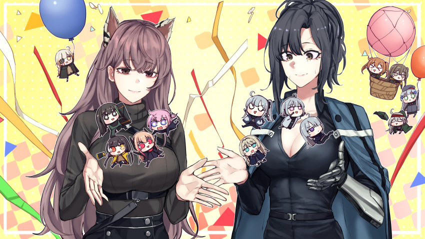 404_(girls_frontline) 6+girls absurdres ak-12_(girls_frontline) ak-15_(girls_frontline) an-94_(girls_frontline) angelia_(girls_frontline) animal_ears anti-rain_(girls_frontline) balloon black_hair breasts cat_ears chibi cleavage defy_(girls_frontline) eyebrows_visible_through_hair g11_(girls_frontline) girls_frontline highres hk416_(girls_frontline) m16a1_(girls_frontline)_(boss) m4_sopmod_ii_(girls_frontline) m4a1_(girls_frontline) mmm_(ji1945) mod3_(girls_frontline) multiple_girls persica_(girls_frontline) pink_hair prosthesis prosthetic_arm ro635_(girls_frontline) rpk-16_(girls_frontline) smile st_ar-15_(girls_frontline) ump45_(girls_frontline) ump9_(girls_frontline)