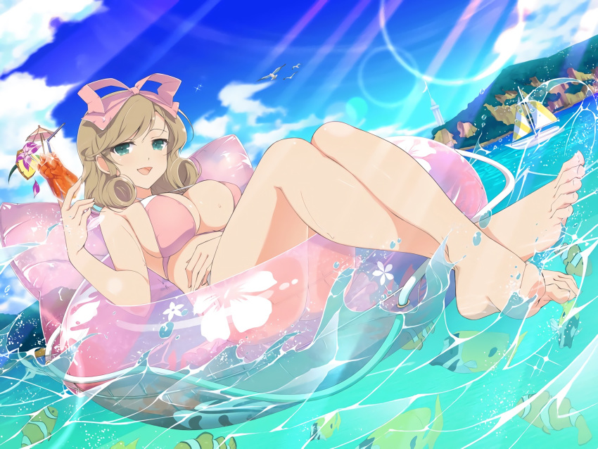 1girl :d animal bangs barefoot bikini bird blue_sky boat bow breasts butterflyfish cleavage cloud clownfish cocktail cocktail_umbrella crossed_ankles cup day drinking_glass feet fish flower_(symbol) full_body green_eyes hair_bow haruka_(senran_kagura) highres hurricane_glass innertube large_breasts legs_together lens_flare light_brown_hair lighthouse looking_at_viewer ocean official_art open_mouth outdoors pink_bikini pink_bow sailboat seagull senran_kagura senran_kagura_new_link short_hair sky smile solo splashing sunlight swept_bangs swimsuit water watercraft yaegashi_nan