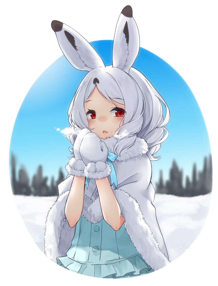 1girl animal_ears arctic_hare_(kemono_friends) blue_neckwear blue_shirt blue_skirt blush breath bunny_ears bunny_girl capelet commentary_request cowboy_shot curly_hair eyebrows_visible_through_hair frilled_skirt frills fur_trim gloves highres isobee kemono_friends neck_ribbon oval_background red_eyes ribbon shirt short_hair skirt solo warming_hands white_capelet white_fur white_gloves white_hair