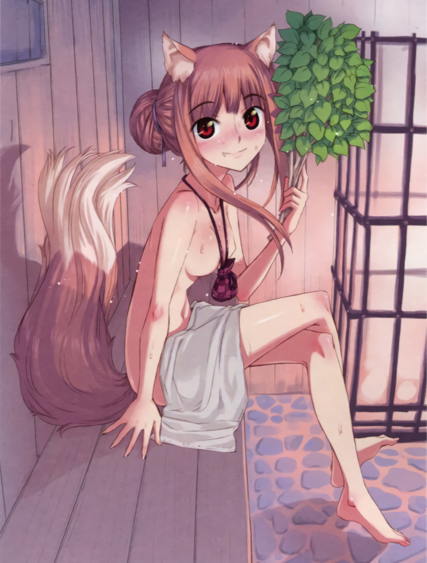 1girl absurdres animal_ears breasts brown_hair fang feet highres holo jewelry koume_keito long_hair medium_breasts necklace nude pouch red_eyes resized sauna sitting smile spice_and_wolf tail third-party_edit tied_hair towel upscaled wolf_ears wolf_tail