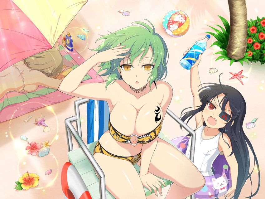 3girls arm_up ball bangs beach beach_towel beach_umbrella beachball bikini black_hair blonde_hair bottle breasts day eyepatch flat_chest flower green_hair hair_ribbon hand_in_hair haruka_(senran_kagura) highres hikage_(senran_kagura) innertube large_breasts long_hair looking_at_viewer lying mirai_(senran_kagura) multiple_girls official_art on_stomach open_mouth outdoors palm_tree red_eyes ribbon sand senran_kagura senran_kagura_new_link shell short_hair sitting standing swimsuit tattoo towel tree umbrella water_bottle yaegashi_nan yellow_eyes