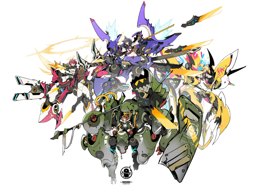 4girls absurdres animal_ear_fluff animal_ears antennae arknights bandeau bangs belly belt black_clothes black_gloves black_hair black_headwear black_jacket black_legwear black_shorts black_sleeves blonde_hair character_name chinese_commentary commentary_request croissant_(arknights) exusiai_(arknights) fingerless_gloves firing full_body gloves glowing glowing_wings gun hair_over_one_eye halo hammer highres holding holding_gun holding_microphone holding_shield holding_sword holding_weapon hook horns id_card jacket long_hair long_sleeves looking_at_viewer mecha microphone multiple_girls name_tag navel necktie open_clothes open_jacket orange_eyes orange_hair outstretched_arm pantyhose penguin_logistics_(arknights) penguin_logistics_logo pointing_weapon purple_hair red_eyes red_hair red_neckwear shield shinnasuka025 short_hair shorts sitting skirt smile sora_(arknights) submachine_gun sword texas_(arknights) twintails visor_cap weapon white_background white_gloves white_jacket wide_sleeves wings wolf_ears