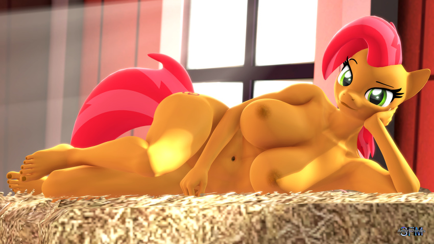 16:9 3d_(artwork) aged_up anthro anthroponiessfm babs_seed_(mlp) digital_media_(artwork) earth_pony equid equine female friendship_is_magic hay hay_bale hi_res horse looking_at_viewer lying mammal my_little_pony nipples nude on_side pinup pony pose solo widescreen window