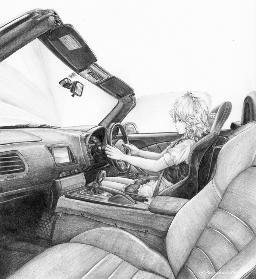 1girl apron bangs braid car car_interior car_seat closed_mouth colored_pencil_(medium) convertible dress driving from_side graphite_(medium) greyscale ground_vehicle highres honda honda_s2000 izayoi_sakuya looking_away maid_headdress monochrome motor_vehicle outstretched_arms profile right-hand_drive rpracing seatbelt short_sleeves side_braid simple_background sitting smile solo steering_wheel touhou traditional_media vest waist_apron white_background