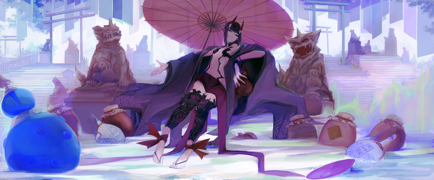 1girl bangs bare_shoulders barefoot_sandals bob_cut breasts bridal_gauntlets closed_mouth cup eyeliner fate/grand_order fate_(series) feet gourd headpiece highres horns japanese_clothes jar kimono leaning_back legs long_sleeves looking_at_viewer makeup oni oni_horns open_clothes open_kimono oriental_umbrella pointy_ears purple_eyes purple_hair purple_kimono revealing_clothes sakazuki short_hair shuten_douji_(fate/grand_order) sitting skin-covered_horns small_breasts smile stairs statue taitaip torii umbrella water wide_sleeves