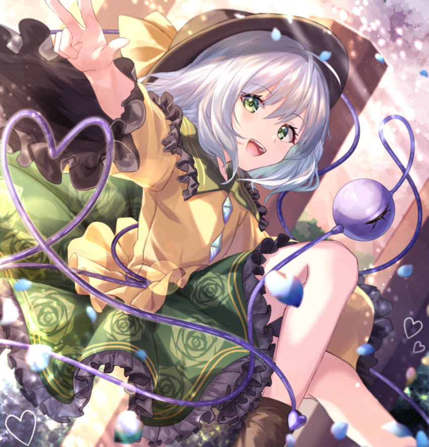 1girl :d ankle_boots aqua_hair arm_up black_headwear blurry_foreground boots brown_footwear commentary eyebrows_visible_through_hair floral_print folded_leg frilled_skirt frilled_sleeves frills green_eyes green_skirt hair_between_eyes hat hat_ribbon heart heart_of_string highres komeiji_koishi light_particles long_sleeves looking_at_viewer mozuno_(mozya_7) open_mouth outstretched_leg petals petticoat ribbon rose_petals rose_print shirt short_hair skirt smile solo third_eye touhou upper_teeth w wide_sleeves yellow_shirt