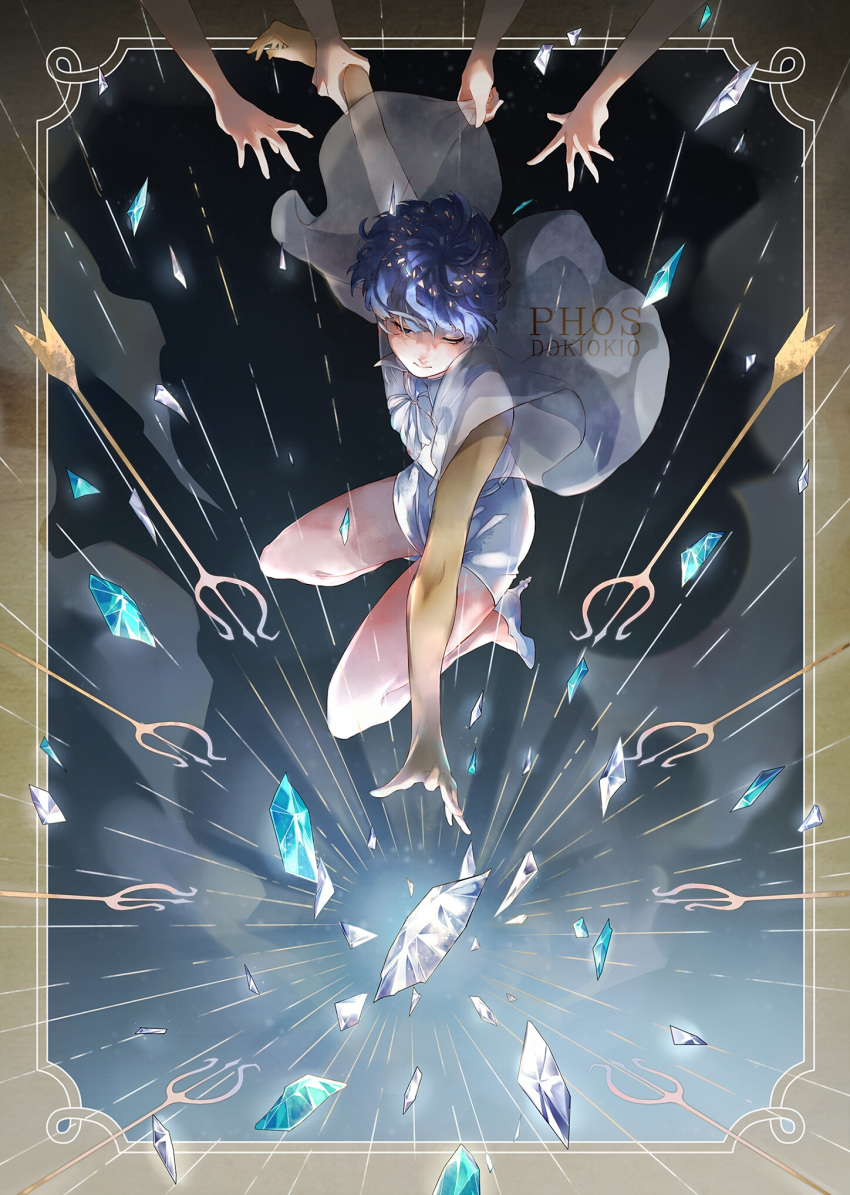 1other androgynous arm_holding arrow_(projectile) bangs bare_arms blue_hair border cravat dokiokio emphasis_lines english_commentary from_above gem golden_arms half-closed_eyes hand_on_another's_arm high_heels highres houseki_no_kuni light_smile looking_away out_of_frame outside_border outstretched_arms phosphophyllite phosphophyllite_(ll) pulling_back reaching see-through see-through_sleeves shards shirt short_hair shorts solo_focus spoilers spread_arms tsuki_jin white_footwear white_neckwear white_shirt white_shorts wide_sleeves