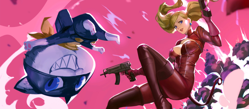 1girl asymmetrical_bangs bangs blonde_hair blue_eyes bodysuit breasts cat center_opening cleavage commentary dual_wielding earrings english_commentary explosion fake_tail gloves grin gun highres holding holding_gun holding_weapon jewelry large_breasts leather lips lipstick long_hair looking_at_viewer makeup mask mixed-language_commentary morgana_(persona_5) parted_bangs parted_lips persona persona_5 persona_5_the_royal phamoz pink_background pink_gloves red_bodysuit red_legwear scarf simple_background smile tail takamaki_anne teeth thighhighs twintails upside-down weapon yellow_scarf