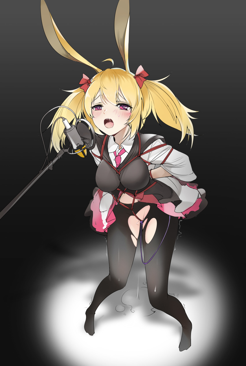 1girl absurdres animal_ears arknights arms_behind_back black_background black_legwear blonde_hair blush bow breasts bunny_ears frilled_skirt frills hair_bow hair_ribbon half-closed_eyes highres medium_breasts microphone necktie object_insertion open_mouth pantyhose pop_filter pussy_juice pussy_juice_puddle red_bow red_neckwear red_ribbon red_skirt ribbon saliva shibari shibari_over_clothes shinnasuka025 skirt solo sora_(arknights) spotlight sweat torn_clothes torn_legwear twintails vaginal vaginal_object_insertion vibrator vibrator_cord