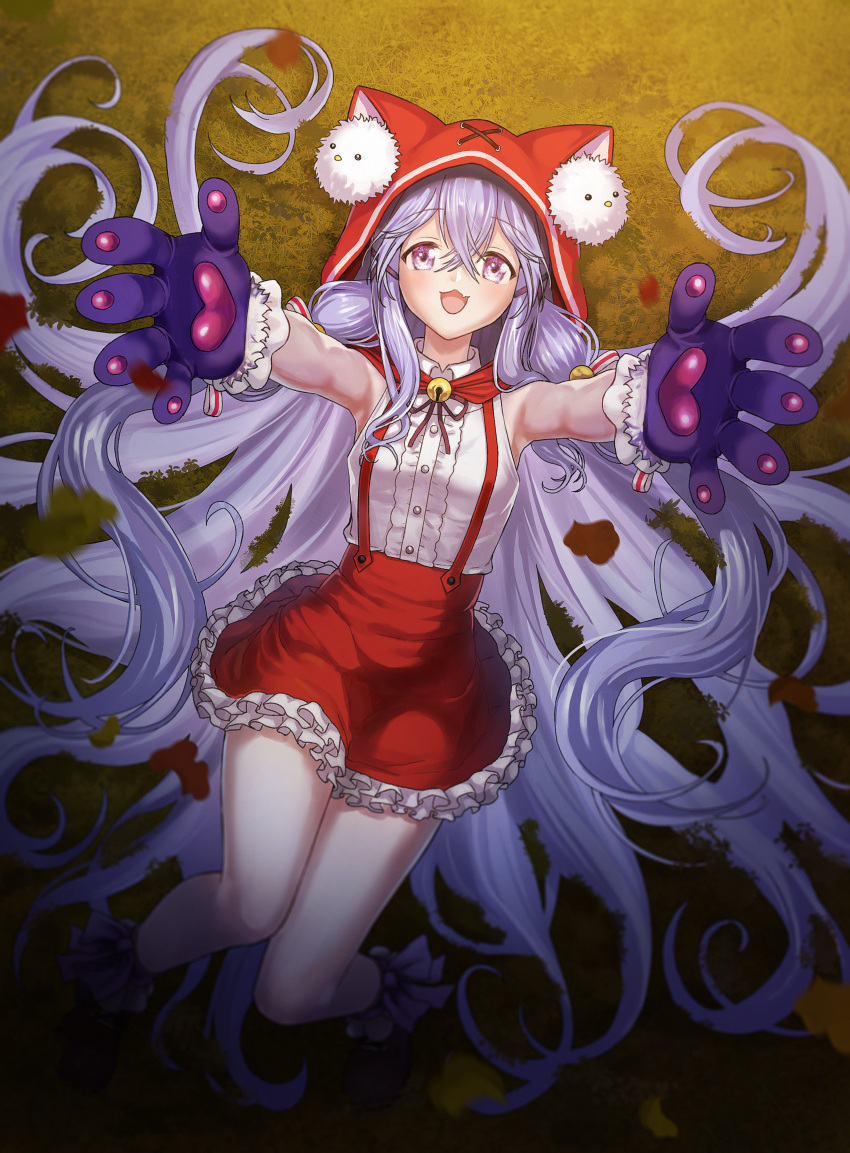 1girl :3 absurdres animal_ear_hood animal_hands armpits bell breasts brown_dust_2 cat_paws dress eyebrows_hidden_by_hair frilled_skirt frills full_body gloves grey_hair hair_between_eyes hair_tie highres hood jingle_bell knees_together_feet_apart long_hair looking_at_viewer lying miumx2 on_back on_grass open_mouth outstretched_arms purple_eyes purple_footwear purple_gloves red_hood red_skirt rou_(brown_dust) shadow skirt sleeveless sleeveless_dress small_breasts smile solo suspender_skirt suspenders very_long_hair white_dress