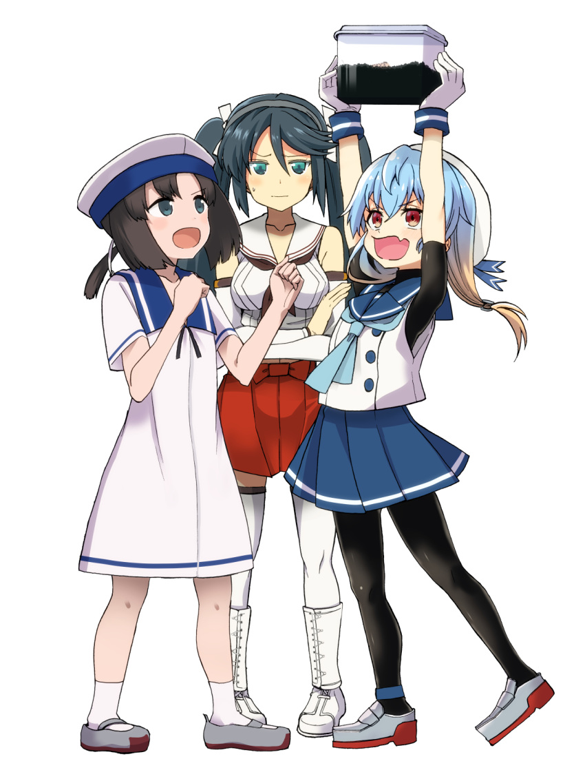 3girls black_hair blonde_hair blue_eyes blue_hair blue_sailor_collar breasts brown_hair bug caterpillar closed_mouth daitou_(kancolle) detached_sleeves dress fang gloves hat highres holding insect_cage isuzu_(kancolle) isuzu_kai_ni_(kancolle) kantai_collection long_hair multicolored_clothes multiple_girls neckerchief open_mouth pantyhose pleated_skirt ponytail red_eyes red_skirt ribbon sado_(kancolle) sailor_collar sailor_dress sailor_hat school_uniform serafuku short_sleeves simple_background skin_fang skirt sweat tsuji_kazuho twintails white_background white_dress white_gloves