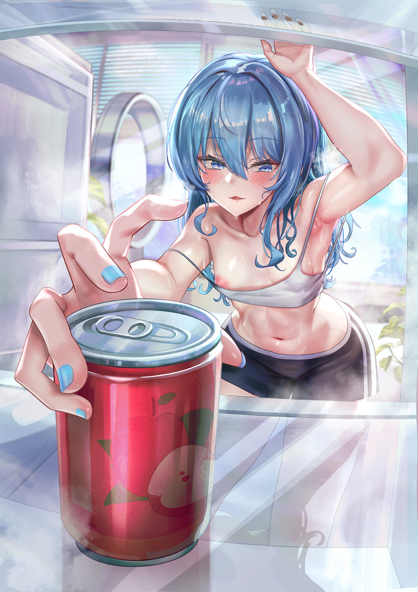 1girl areola_slip armpits bare_shoulders blue_eyes blue_hair blue_nails blurry blurry_background blush breasts can collarbone crop_top drink_can feet_out_of_frame foreshortening hair_between_eyes highres hololive hololive_dance_practice_uniform hoshimachi_suisei indoors jagoo leaning_forward long_hair looking_at_viewer midriff nail_polish navel official_alternate_costume open_mouth paid_reward_available parted_lips see-through see-through_shirt short_shorts shorts sidelocks sleeveless small_breasts soda_can solo steaming_body strap_slip sweatdrop virtual_youtuber