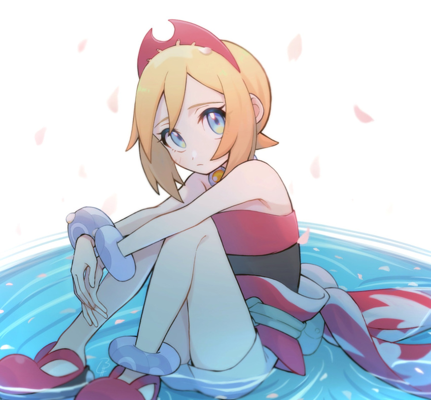 1girl anklet bare_shoulders blonde_hair blue_eyes bracelet cherry_blossoms closed_mouth falling_petals frown hairband highres irida_(pokemon) jewelry looking_up neck_ring noi_(noi_pk27) petals pokemon pokemon_legends:_arceus red_footwear red_hairband shoes short_hair shorts sitting solo water white_shorts