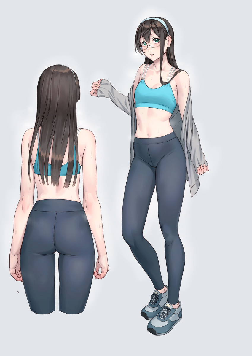 1girl alternate_costume aqua_eyes ass bare_shoulders black_hair blue_sports_bra cardigan commentary_request from_behind full_body glasses grey_background grey_cardigan grey_leggings hairband highres kantai_collection leggings long_hair long_sleeves looking_at_viewer midriff multiple_views navel off_shoulder ooyodo_(kancolle) open_cardigan open_clothes open_mouth semi-rimless_eyewear shoes simple_background smile sneakers sports_bra standing sweater white_hairband yuuji_(and)