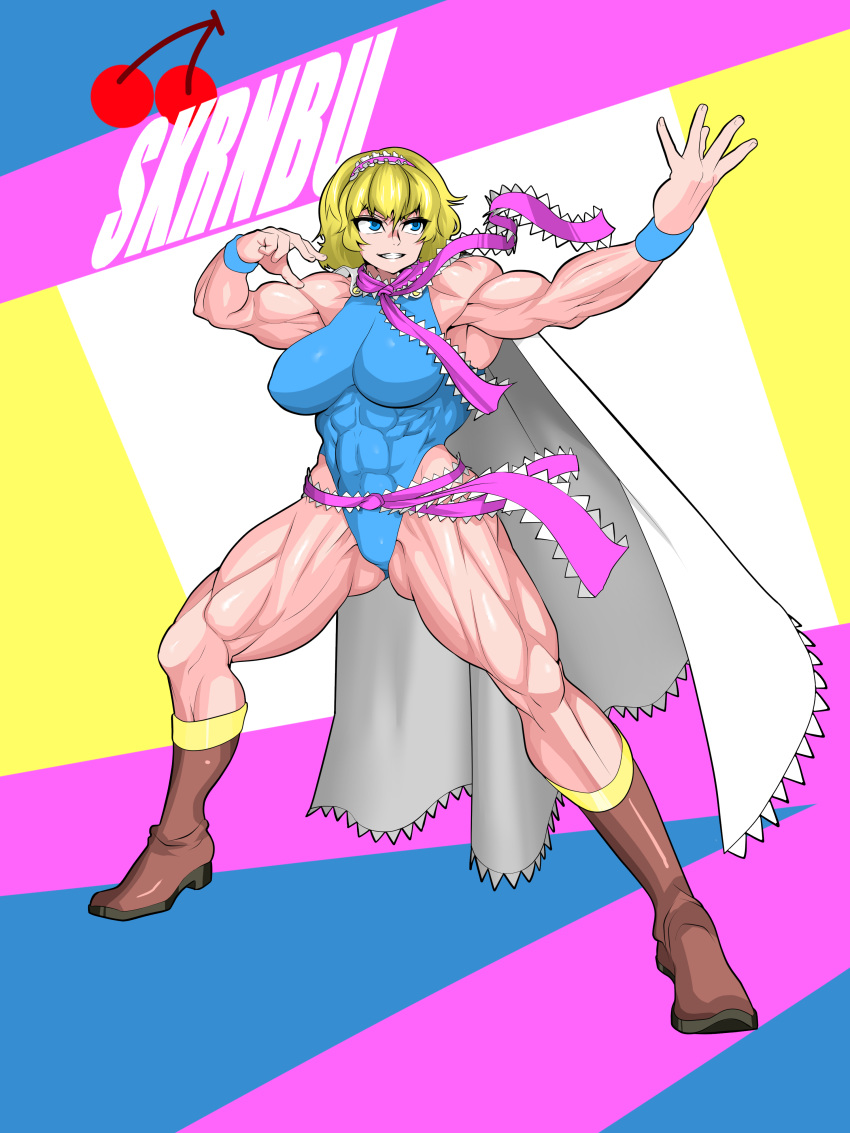 1girl absurdres adapted_costume alice_margatroid asha blonde_hair blue_eyes blue_leotard boots breasts brown_footwear character_name cherry commentary_request cookie_(touhou) fighting_stance food frilled_hairband frilled_necktie frilled_sash frills fruit full_body grin hairband highres large_breasts leotard looking_afar medium_bangs muscular muscular_female name_connection necktie object_namesake pink_necktie pink_sash sakuranbou_(cookie) sash short_hair smile solo standing touhou wrist_cuffs