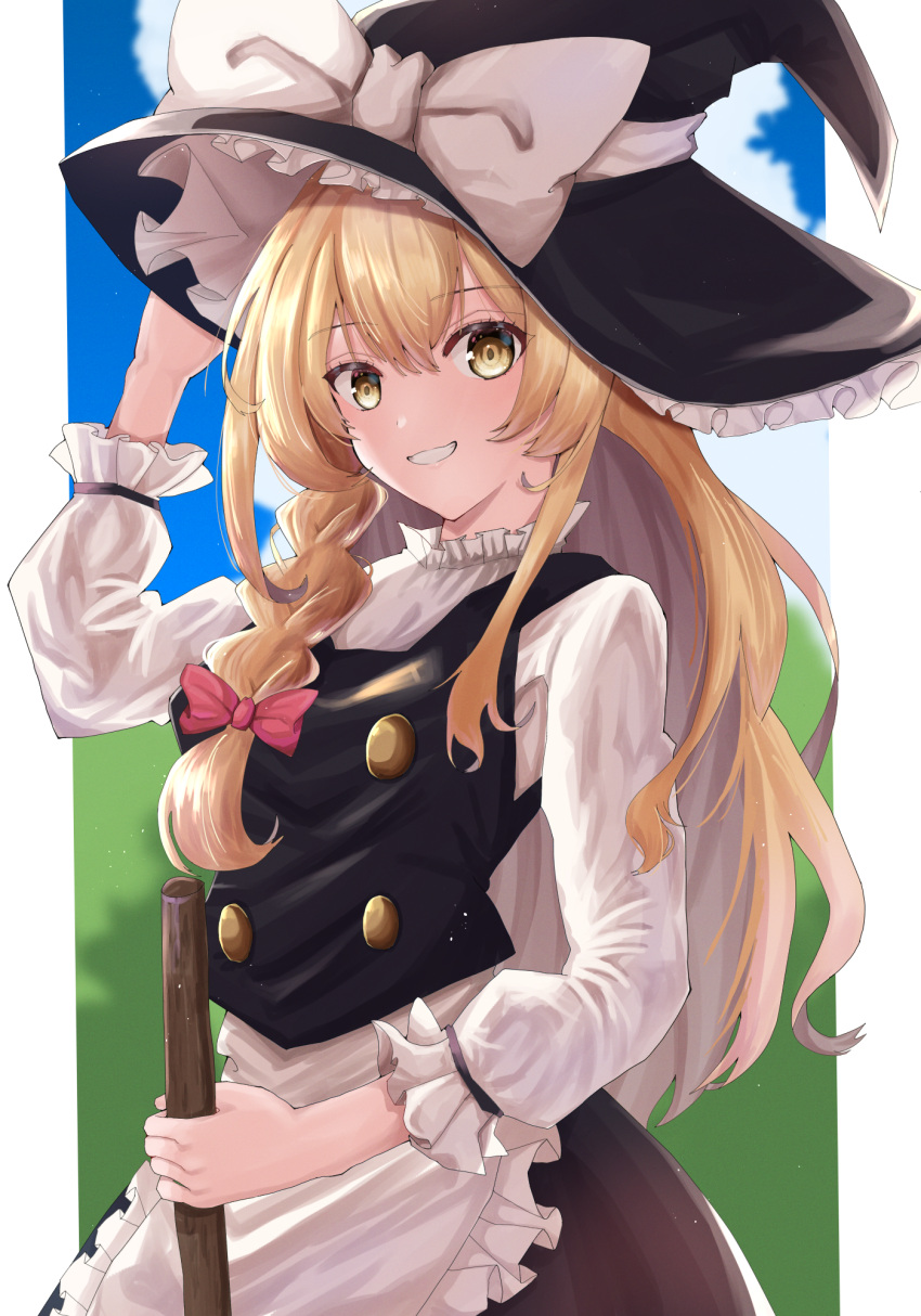 1girl :d apron black_hat black_skirt black_vest blonde_hair blush bow braid commentary cowboy_shot day erisauria eyelashes frilled_apron frills grin hair_between_eyes hair_bow hand_up happy hat hat_bow highres holding kirisame_marisa long_hair long_sleeves looking_at_viewer outdoors puffy_long_sleeves puffy_sleeves red_bow shirt sidelocks single_braid skirt smile solo touhou tsurime very_long_hair vest waist_apron white_apron white_bow white_shirt witch_hat yellow_eyes