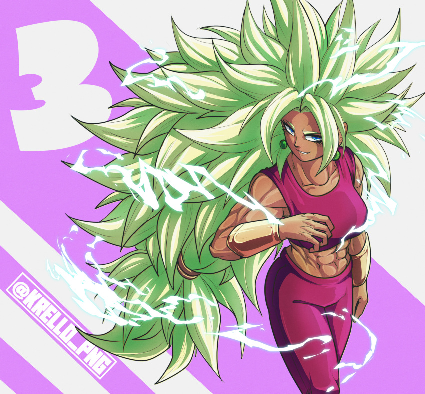 1girl abs absurdres artist_name breasts crop_top dragon_ball dragon_ball_super earrings english_commentary green_hair highres jewelry kefla_(dragon_ball) krello_png looking_at_viewer midriff muscular muscular_female pants potara_earrings purple_tank_top saiyan smile solo spiked_hair super_saiyan super_saiyan_3 tank_top