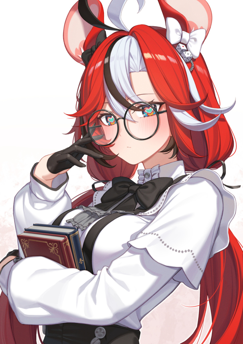 1girl ahoge animal_ears black_bow black_bowtie black_gloves blue_eyes book bow bowtie erezu glasses gloves hakos_baelz hakos_baelz_(4th_costume) heart heart-shaped_pupils highres holding holding_book hololive hololive_english long_hair low_twintails mouse_ears multicolored_hair red_hair shirt streaked_hair symbol-shaped_pupils twintails virtual_youtuber white_background white_shirt