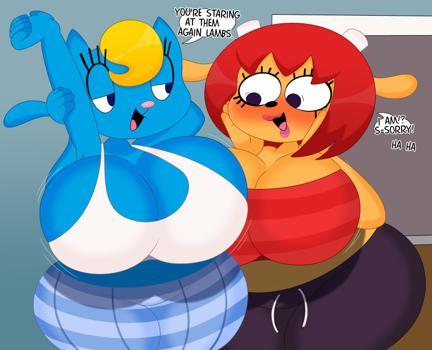 2024 2_horns 3barts 5_fingers absurd_res anthro big_breasts blonde_hair blue_body blue_eyes blue_fur blush bottomwear bovid breasts brown_body brown_fur caprine cleavage clothed clothing crop_top curvy_figure detailed_background dialogue digital_drawing_(artwork) digital_media_(artwork) domestic_cat duo english_text eyelashes felid feline felis female fingers fur hair hi_res horn huge_breasts huge_thighs inside katy_kat lammy_lamb lipstick long_tail makeup mammal midriff motion_lines open_mouth open_smile pants parappa_the_rapper pink_lipstick red_hair red_tube_top sheep shirt short_hair smile sony_corporation sony_interactive_entertainment stretching stretching_arms sweatpants tail text thick_thighs topwear tube_top um_jammer_lammy voluptuous white_clothing white_crop_top white_topwear wide_hips