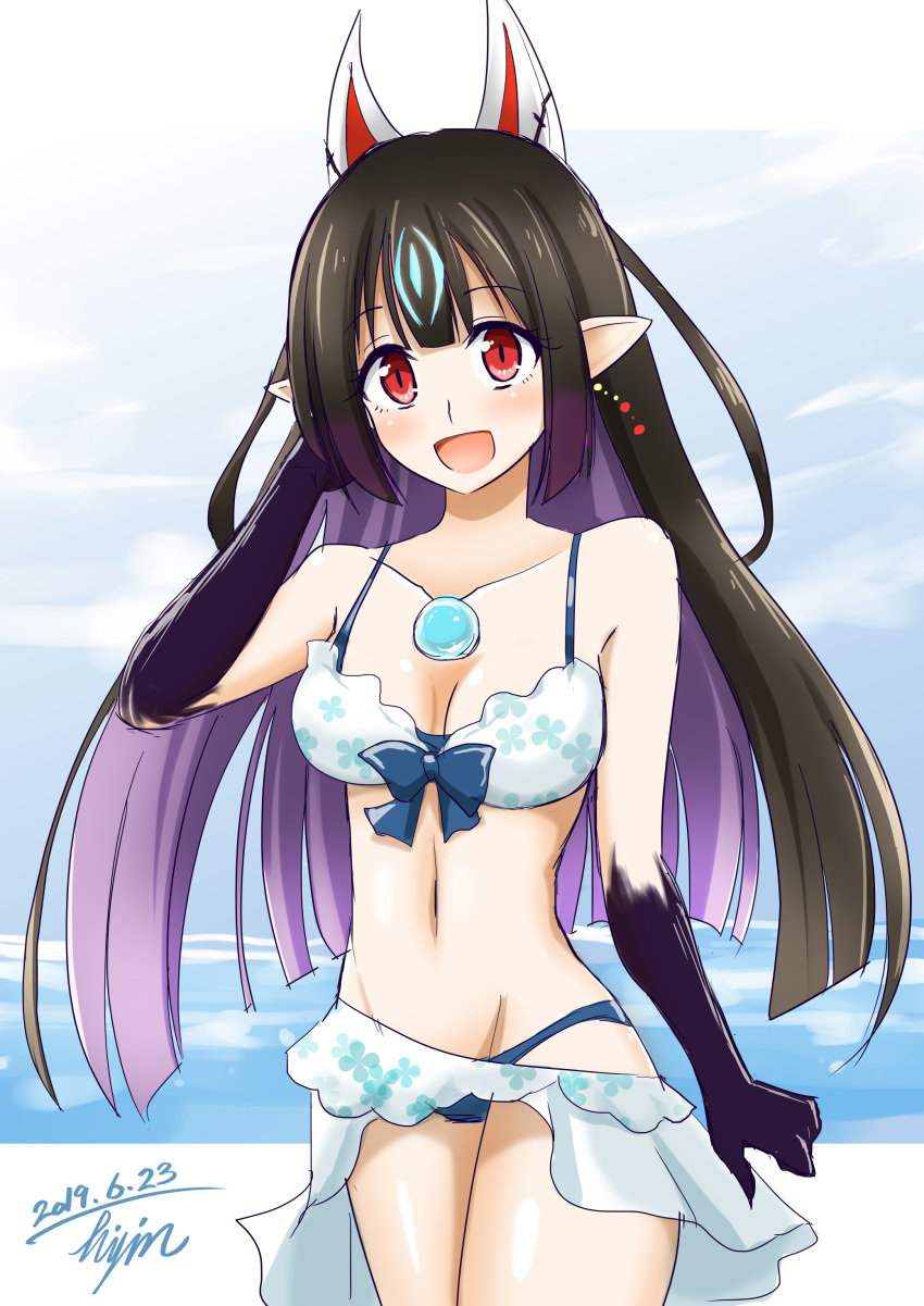 1girl :d absurdres bikini bikini_skirt black_gloves blue_sky breasts brown_hair cloud cloudy_sky collarbone core_crystal_(xenoblade) dated gloves highres hisin kasandra_(xenoblade) medium_breasts navel open_mouth pointy_ears red_eyes signature sky smile solo stomach summer swimsuit tareme white_bikini xenoblade_chronicles_(series) xenoblade_chronicles_2