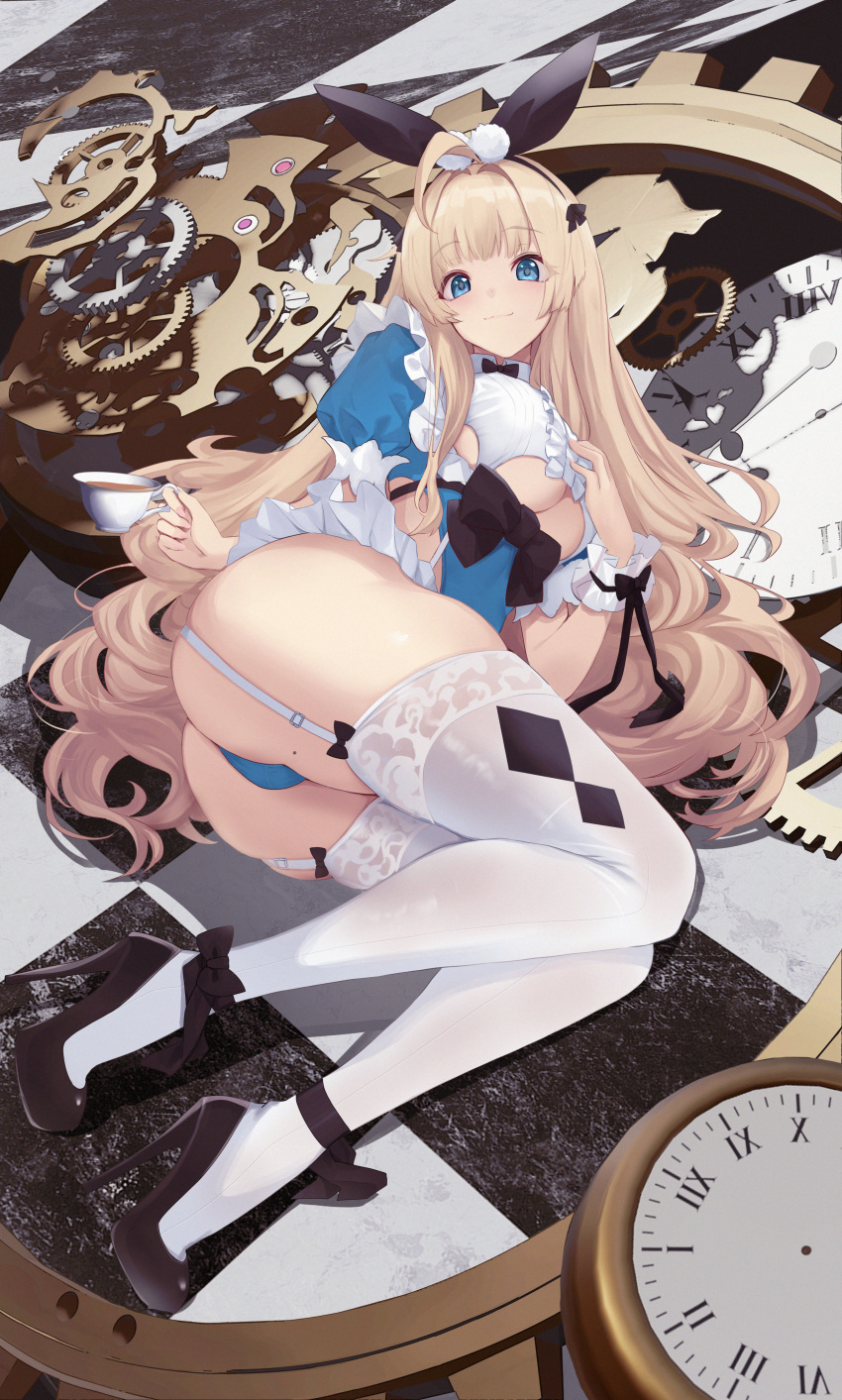 1girl absurdres ahoge ass blonde_hair blue_eyes blush breasts clock clothing_cutout cup dress gears hair_ribbon high_heels highres large_breasts long_hair looking_at_viewer mole mole_on_thigh original panties ribbon smile solo teacup thighhighs underboob underboob_cutout underwear untue